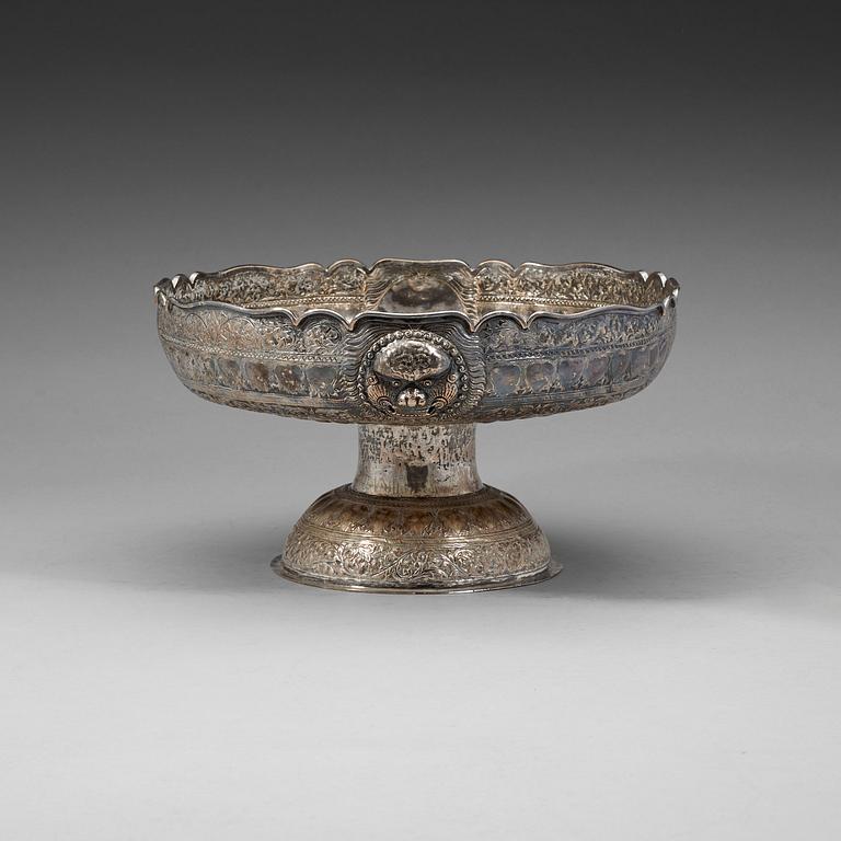 A large silver plated tazza, South East Asia, 19th Century.