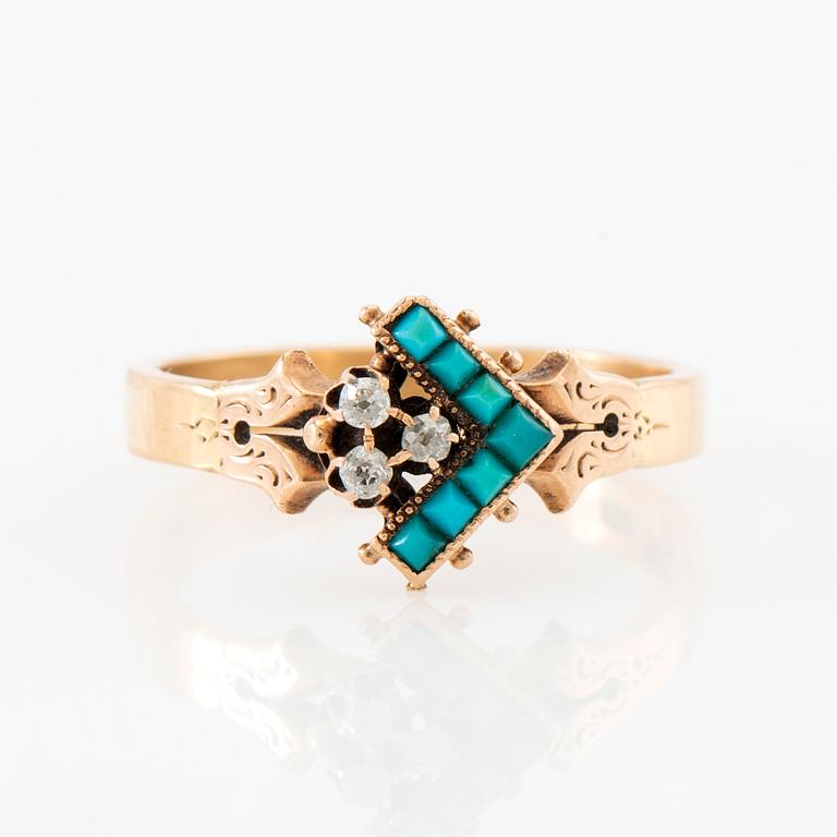 Ring in 18K gold with turquoises and old-cut diamonds.
