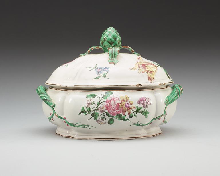 An unmarked faience tureen with cover, 18th Century.