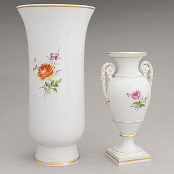 Two Meissen porcelain vases, a platter, an urn and a lidded box from the latter half of 20th century.