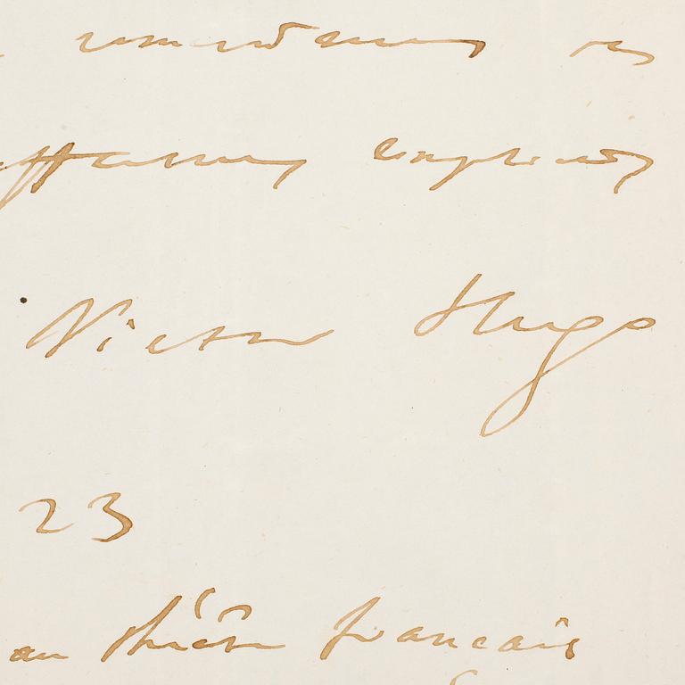 VICTOR HUGO (1802-1885), egenhändigt brev med signatur.