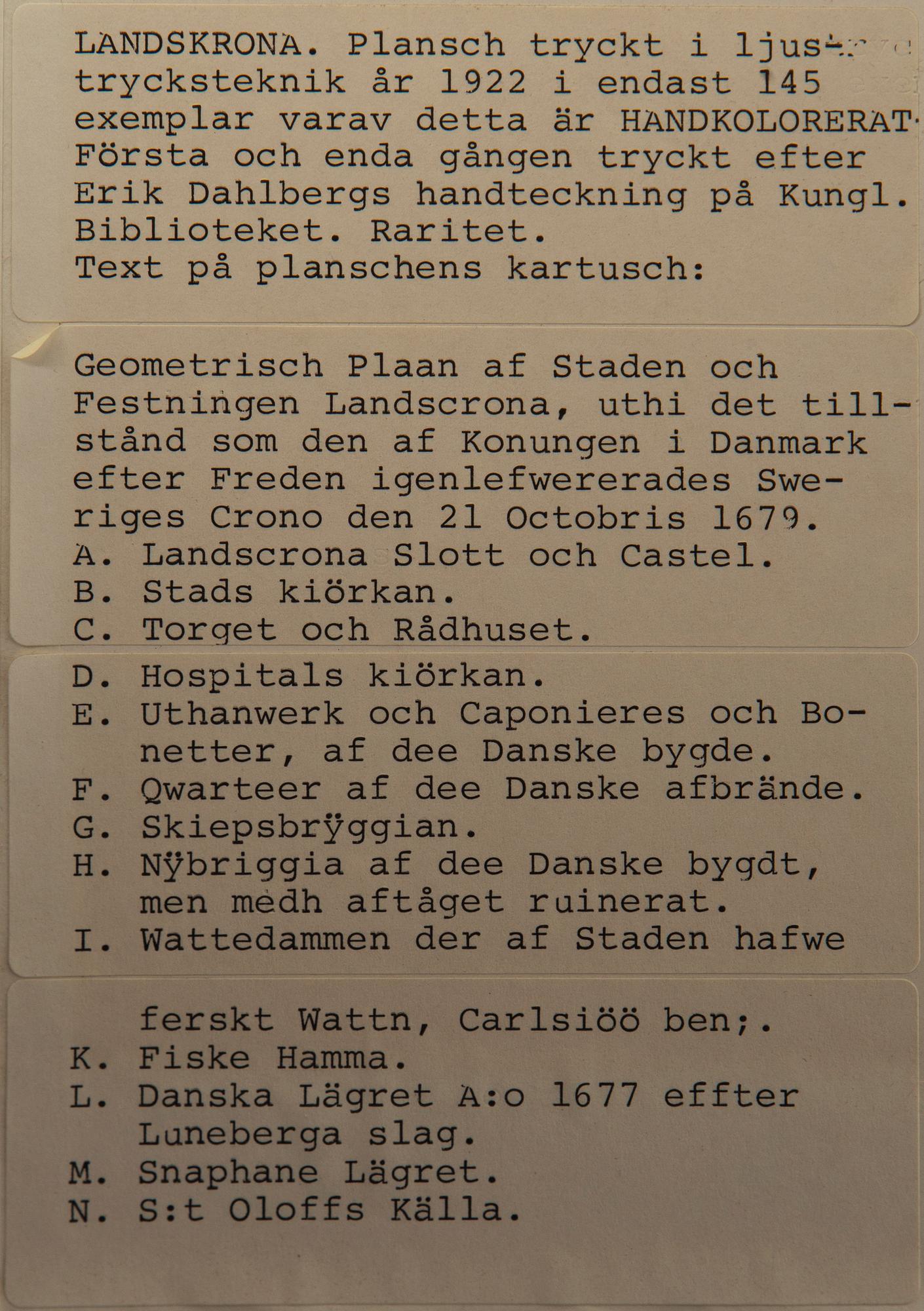 Erik Dahlbergh, after, coloured engravings, maps over Helsingborg and Landskrona, daterad 1679. Printed 1922.