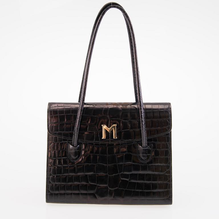 Bruno Magli Vintage Black Croco Patent Leather Shoulder Bag.