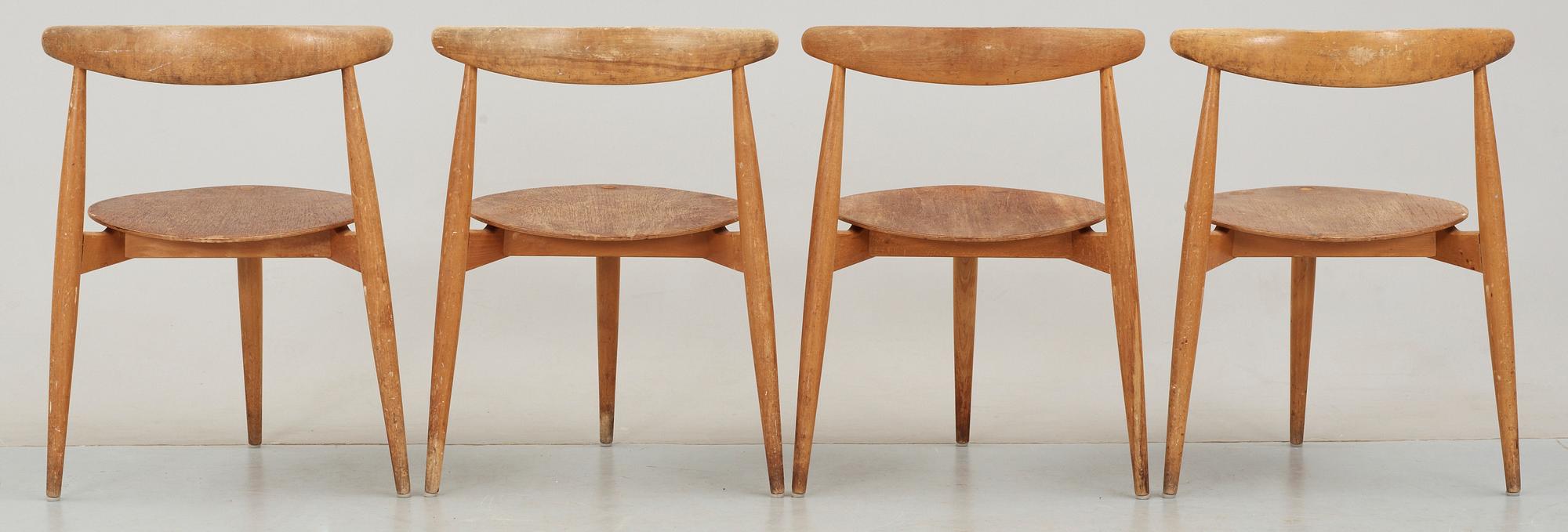 STOLAR, 4 st, "Hjertestolen" Hans J Wegner, Fritz Hansen, Danmark, 1950-tal.
