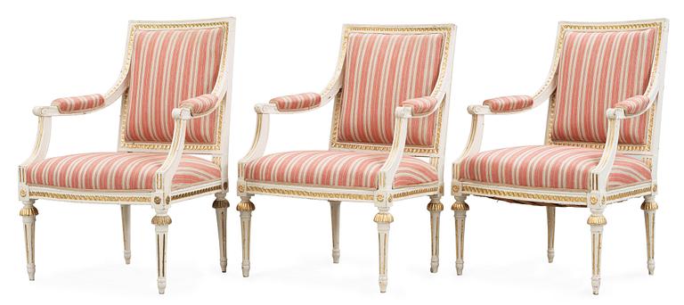 A set of three late Gustavian circa 1800 armchairs.
