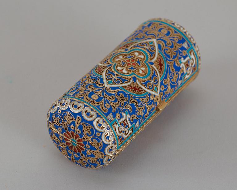 A Russian 19th century silver-gilt and enamel cigarette-case, makers mark of Ivan Chlebnikov, Moscow.