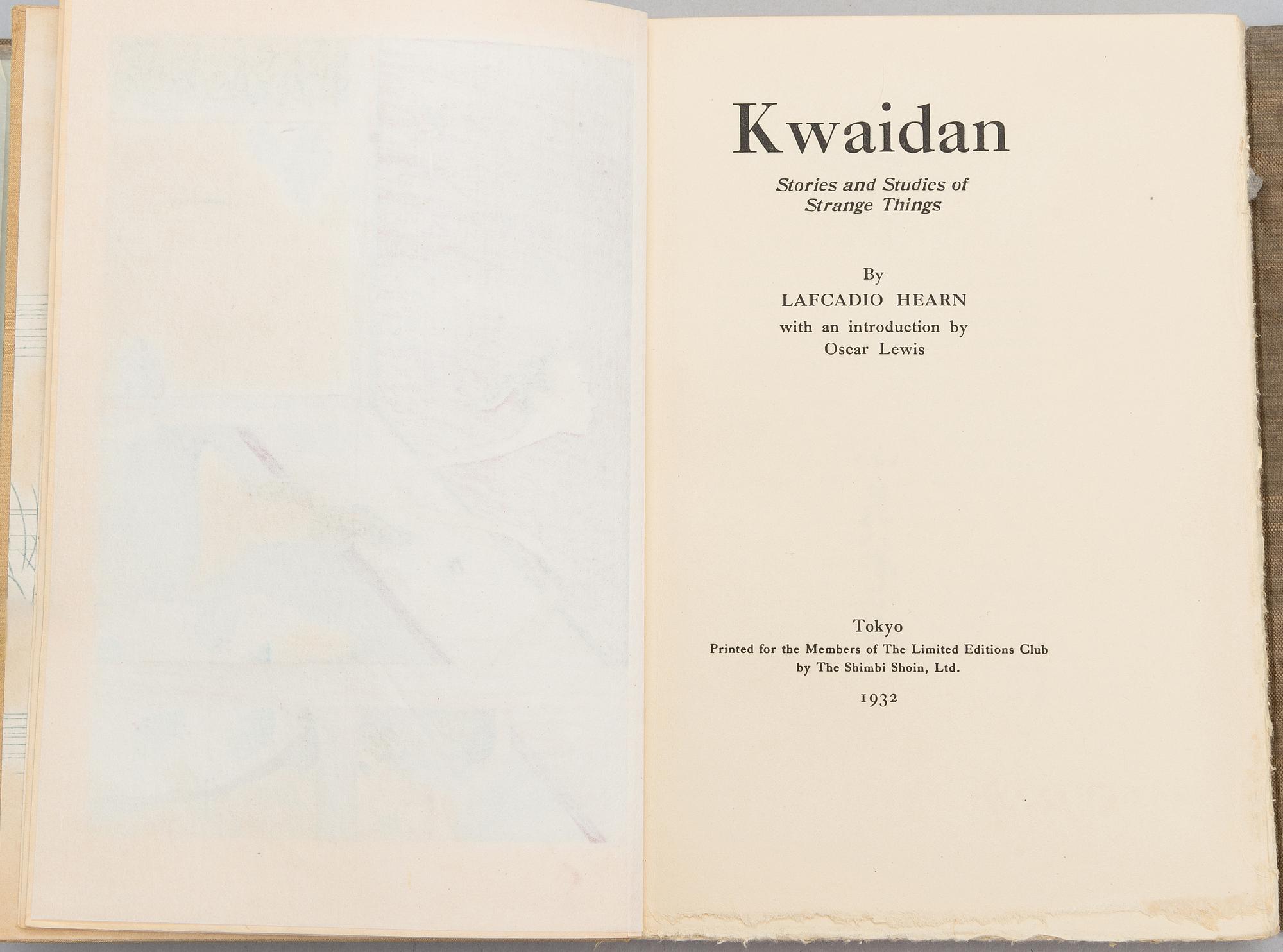 Bok, "Kwaidan", av Lafcadio Hearn, illustrerad och signerad av Yasumasa Fujita. Första upplagan, Japan, 1932.