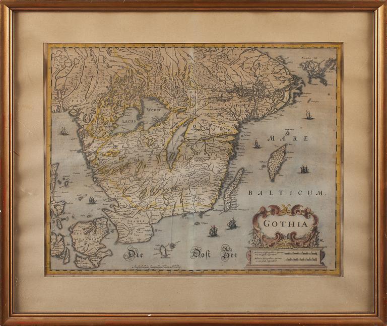 KARTA, "Gothia", kolorerad, H. Hondius (J. Janssonius), 1600-tal.