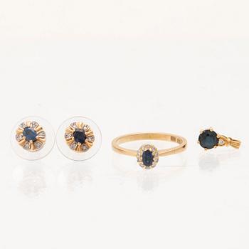 Ring, earrings, and pendant, 18K gold with sapphires and diamonds.