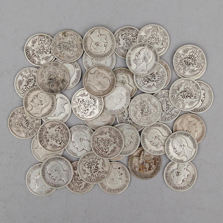 SAMLING SILVERMYNT, 2 kronor, Oscar II 1875-1907. Total vikt ca 632 gram.