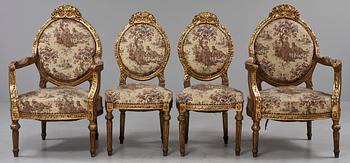 FÅTÖLJER, ett par samt STOLAR, ett par, Louis XVI-stil, 1900-tal.