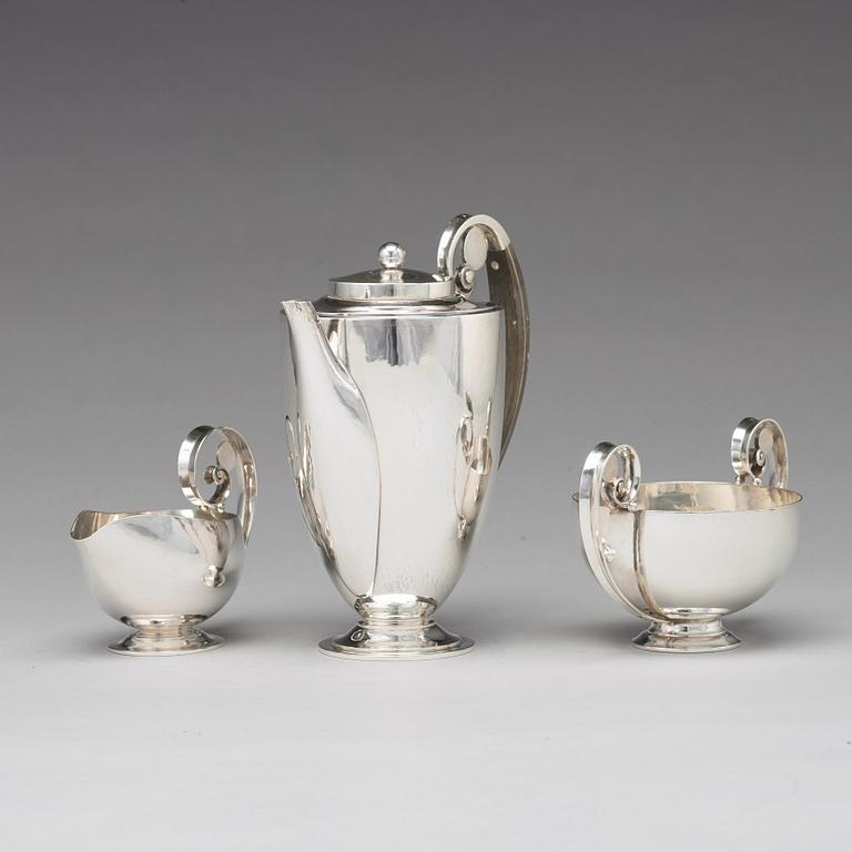 Johan Rohde, a set of three pieces of sterling coffee service, Georg Jensen, Copenhagen 1933-44, design nr 321 and 321A.