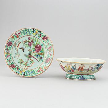 A famille rose footed bowl and a canton dish, Qing dynasty, late 19th century.