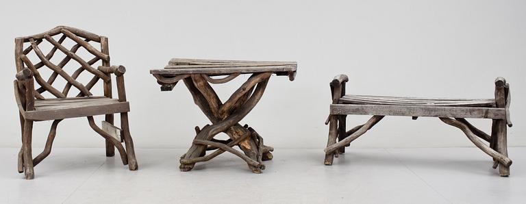 TRÄDGÅRDGRUPP, sk Grenmöbler, 3 delar, 1900-tal.