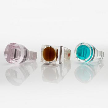 Siv Lagerström, three acrylic plastic rings. Engraved works from the 1970s.