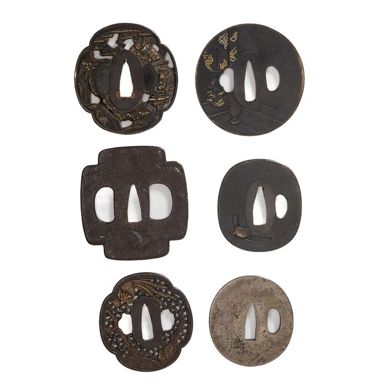 Tsuba, 6 pcs, of which two signed, Meiji and Edo.