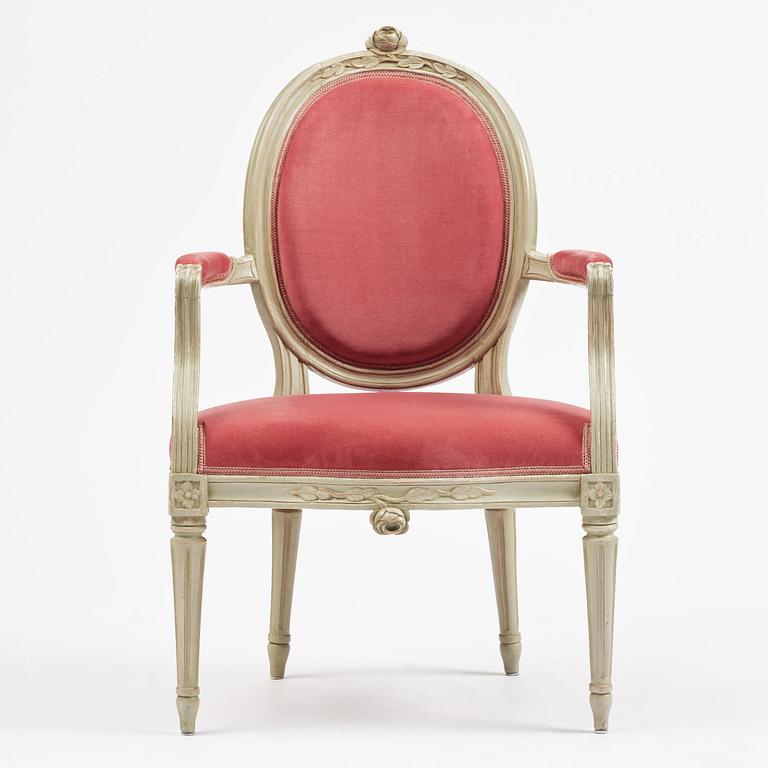 A Gustavian open armchair by J. Malmsten (master in Stockholm 1780-88).