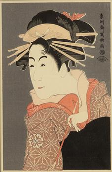 Sharaku, after, two woodblock prints with Kabuki actors, 20th century.