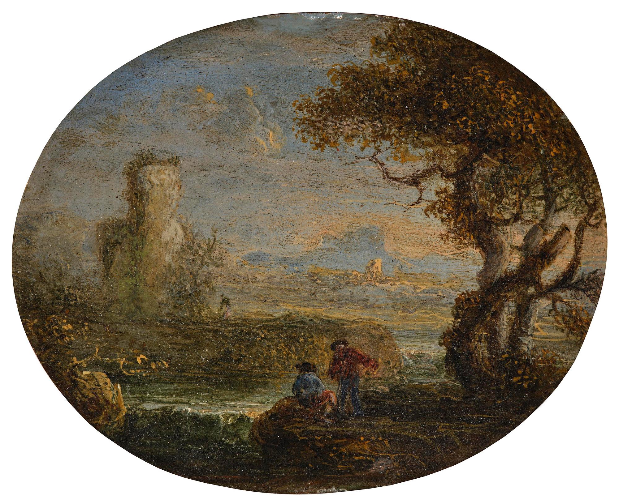 Jan de Momper ("Monsu X"), Italienskt flodlandskap med figurer och kastell.