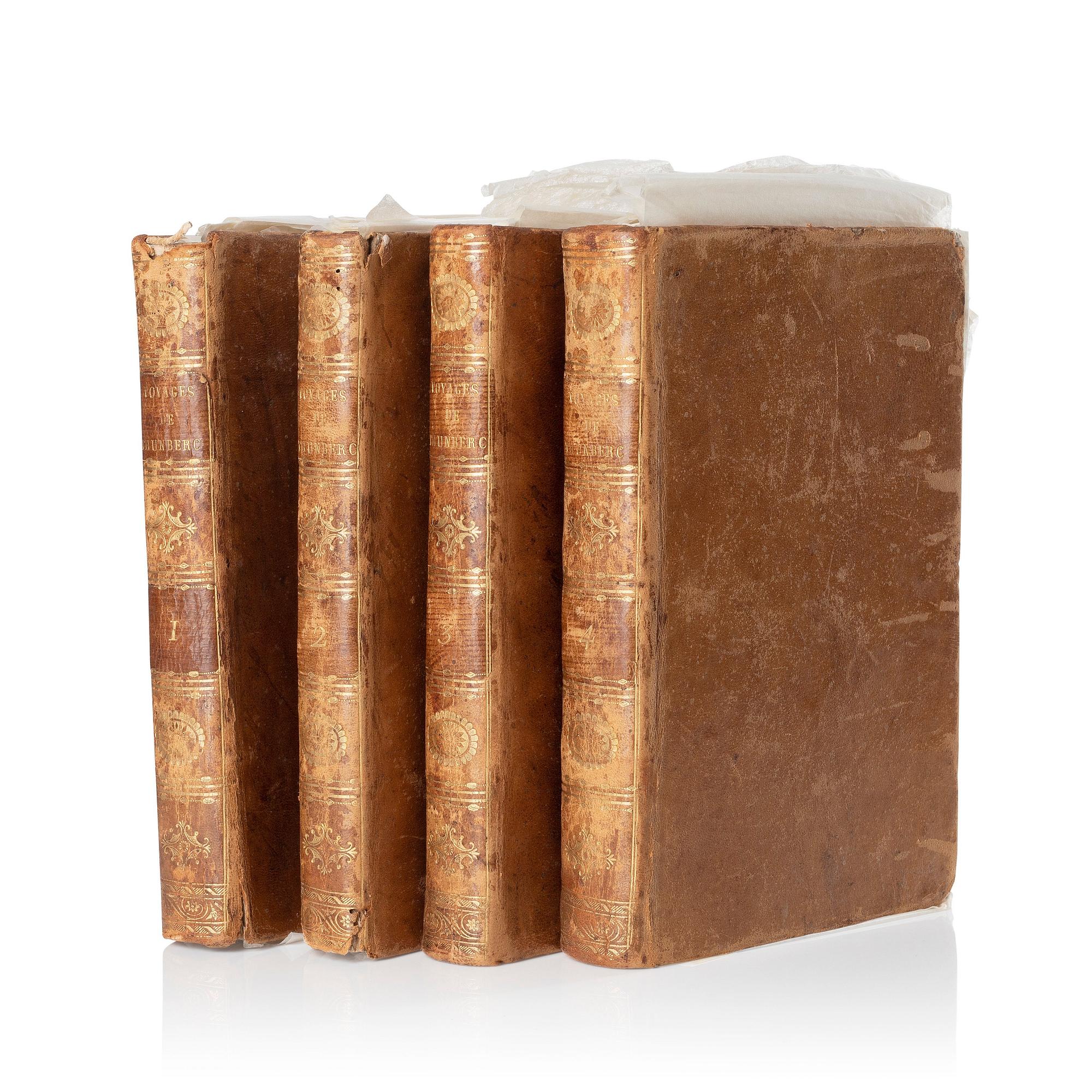 Voyage de C.P. Thunberg au Japon, four volumes, french leather binding, Paris, 1796.