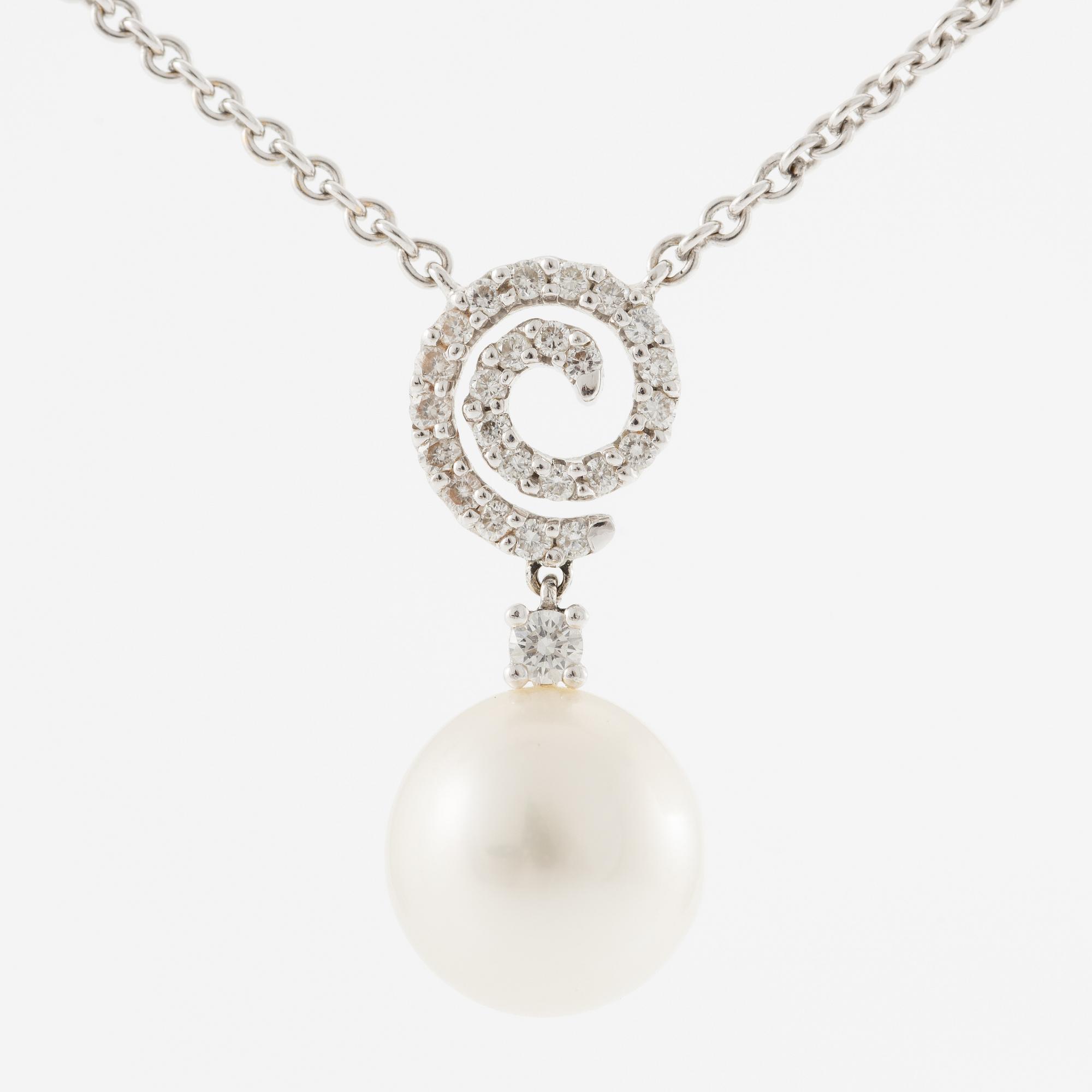 Necklace, 18K white gold with a pearl and brilliant-cut diamonds.