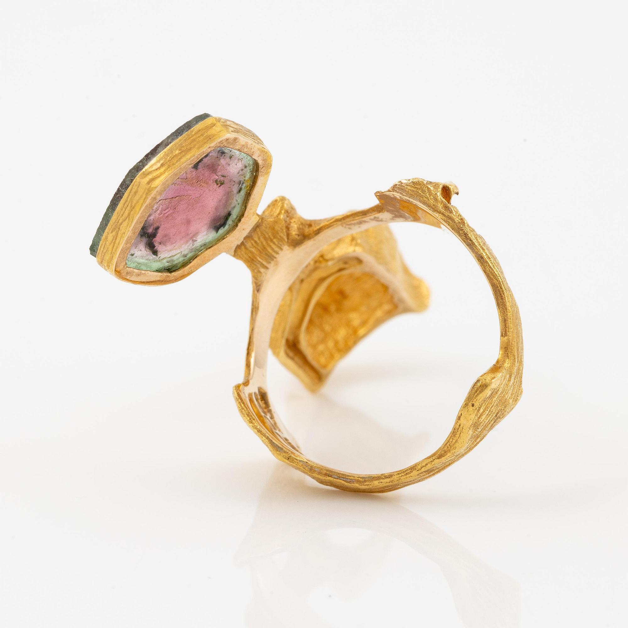 Björn Weckström, a ring, "Heijastus", 14K gold with watermelon tourmaline, Lapponia 1974.