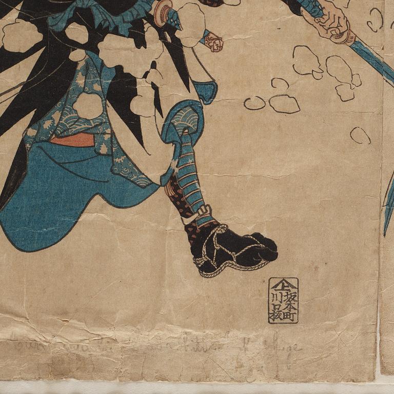 UTAGAWA KUNIYOSHI (1797/98-1861), triptyk, färgträsnitt. Japan, "Stories of the True Loyalty of the Faithful Samurai".