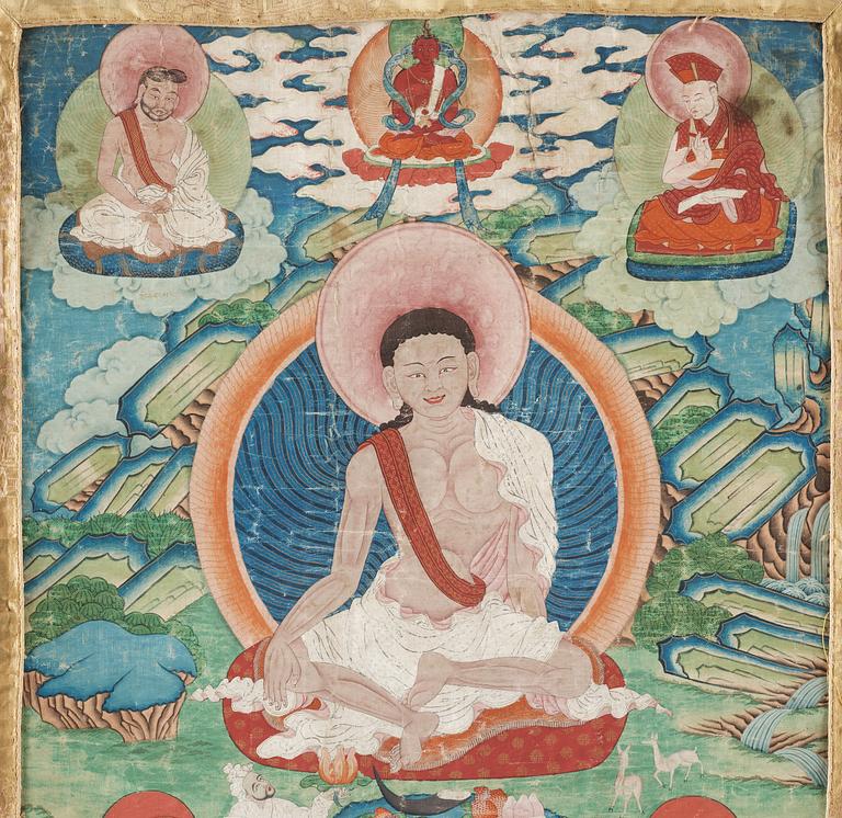 THANGKA, Tibet omkring 1900. Porträtt avbildande Milarepa.