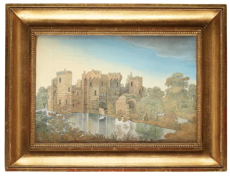MÅLNINGAR PÅ SIDEN, ett par. Möjligen Sverige, 1800-talets början. Ca 33 x 48,5 cm vardera, samtida förgyllda ramar ca 49,5 x 65 cm vardera.