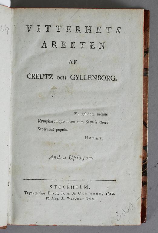 BÖCKER 4 BAND, "Vitterhetsarbeten" "Theaterstycken", Tåget öfver Bält av Creutz och Gyllenborg". Stockholm 1795-1812.