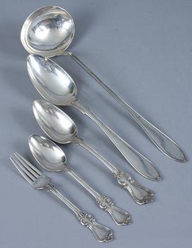 PARTI BESTICK, 5 st, silver, "Svensk spetsig" och "Olga", 1917, 1918 resp 1854, 1897.