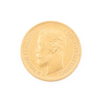 Gold coin, Nicholas II, Russia, 5 Rubles, 1900.