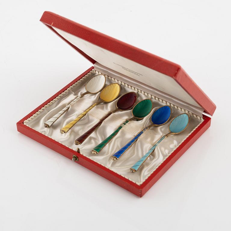 Six Silver-Gilt and Enamel Mocha Spoons, Denmark mid 20th century.