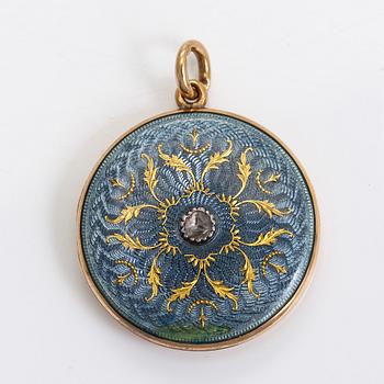Locket, 14K gold, enamel, rose-cut diamond.