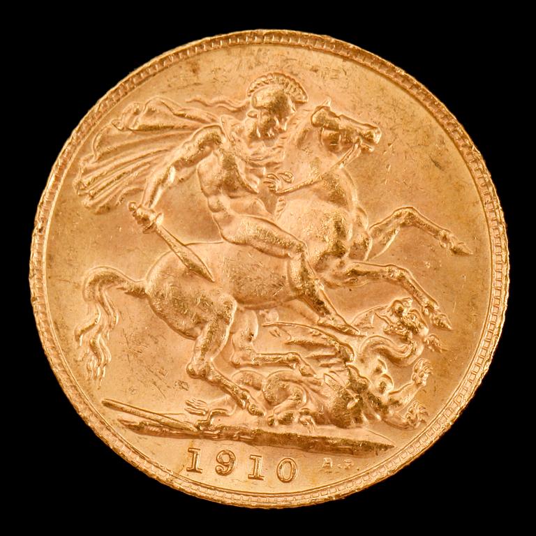 GULDMYNT, sovereign, Edward VII, Storbritannien, 1910. Vikt ca 8 g.