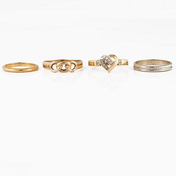RINGAR, 4 st, 14K, 18K samt 20K guld samt åttkantsliapde diamanter. Vikt 11,3 gram.