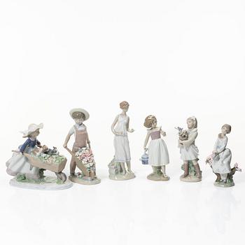 Lladró, 6 figurines, including "Wheelbarrow with flowers", "A barrow of fun", "A walk through blossoms", "Morning melodies".
