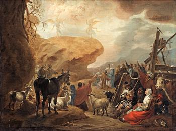 410. Nicolaes Berchem Tillskriven, Religiös scen med figurer och boskap.