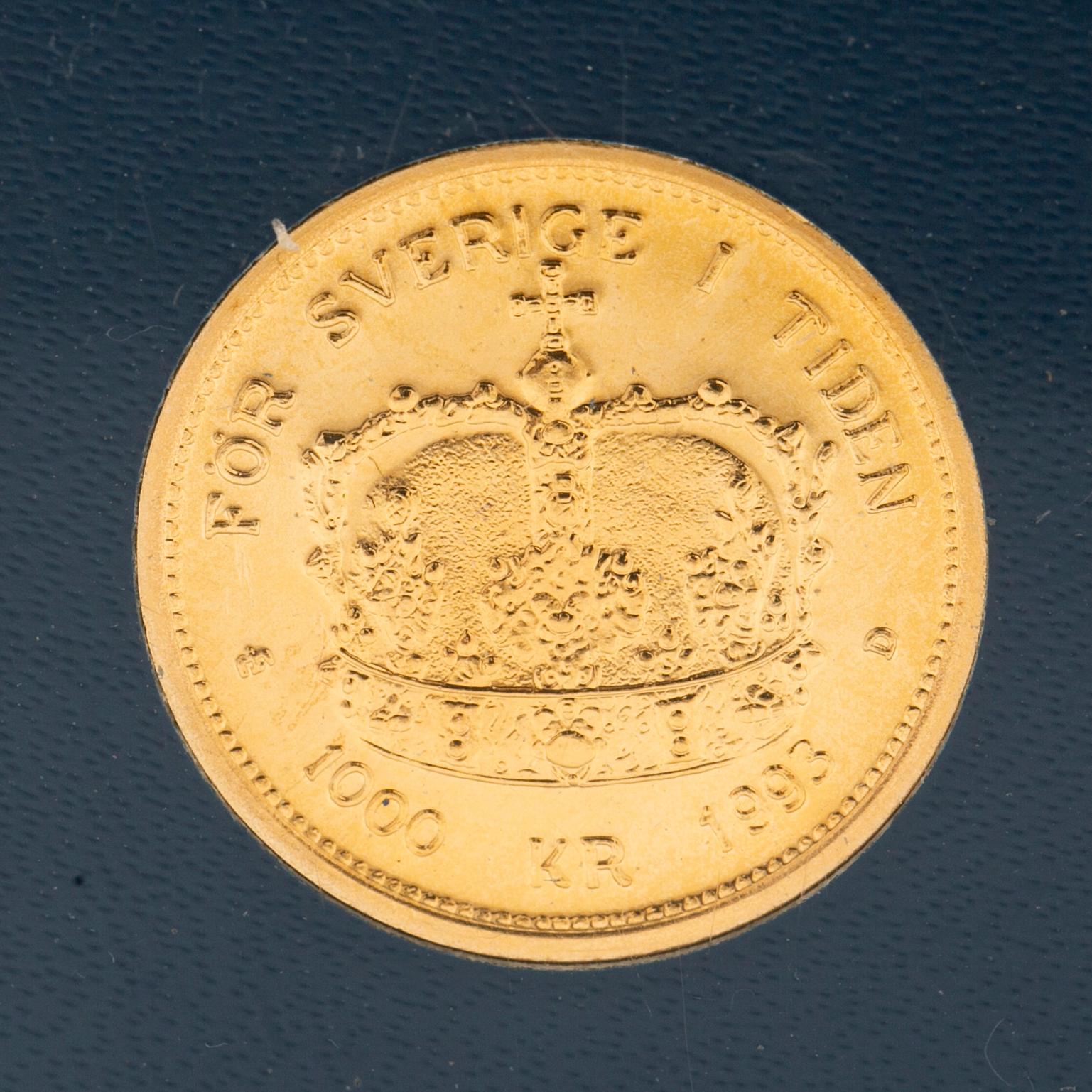 Gold coin, 21.6 carat, King of Sweden for 20 years, “SEK 1,000”, Sveriges Riksbank, 1993.