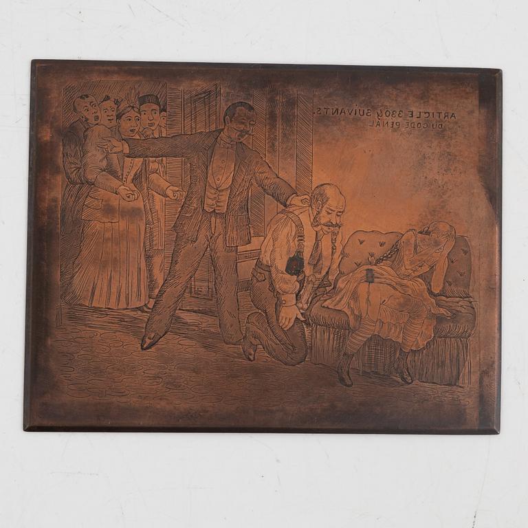 Six copper printing plates, France, 19th century.