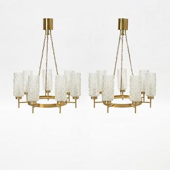 A glass and brass ceiling light, mid 20th Century.