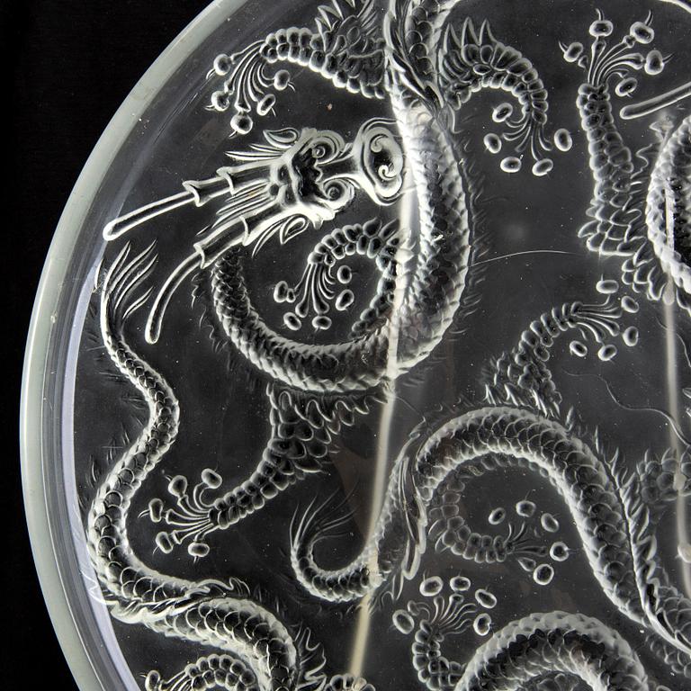 A unmarked Bohemian glass dish with a five clawed dragon, 20th Century.