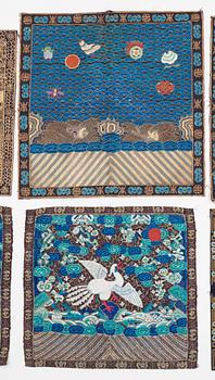 RANK BADGES, 8 pieces, silk, so called Buzis. Around 28-33 x 29,5-33,5 cm each. China around 1900.