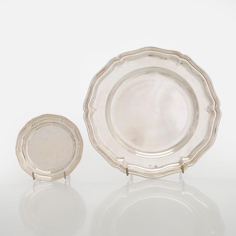 A silver serving platter, and six similar coasters, Austria-Hungary 1867-1922 and Czechoslovakia 1949-1962.