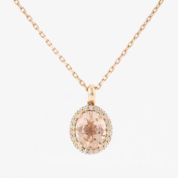 Pendant with chain in 18K gold featuring a faceted morganite and round brilliant-cut diamonds.