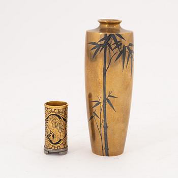 A Japanese gilt silver miniature vase and bronze and silver vase, Meiji (1868-1912).