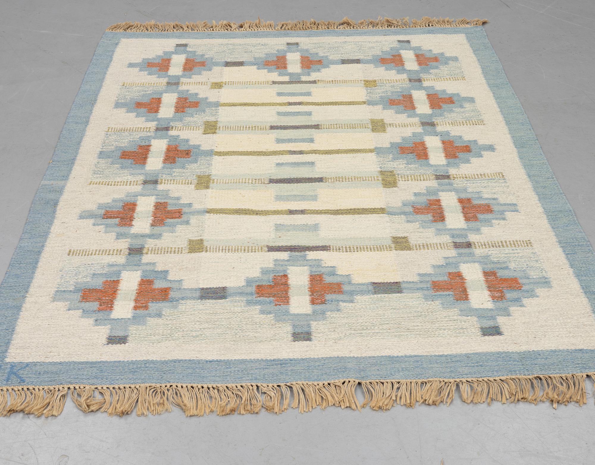 Karin Jönsson, possibly, a flat weave carpe, ca 249 x 173 cm, signed JK.