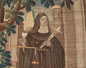 TAPESTRY. A nun in a landscape. 244,5 x 232,5 cm. Flanders around 1700.