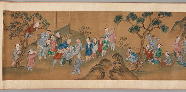 A scroll painting, ink and color on paper, Qing dynasty, 19th Century. '100 boys'.