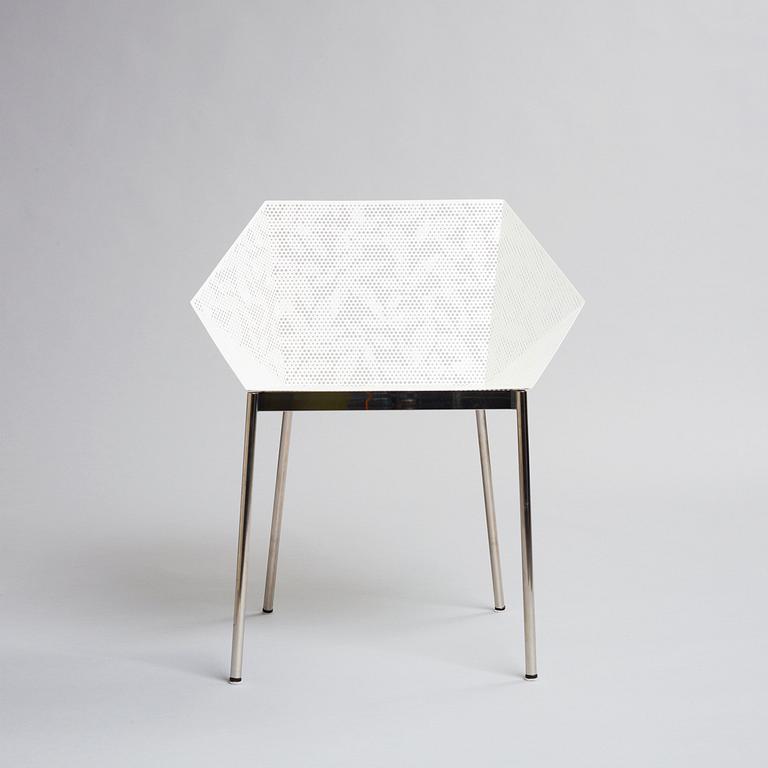 Claesson Koivisto Rune, a "Sfera Chair", ed. 7/8, Sfera Japan, 2004. Laser engraved hole leaf pattern in white lacquered stainl...